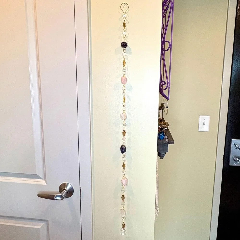 Raw Amethyst, Rose Quartz, Crystal Quartz Gemstone Wall Hanging, Crystal Prism